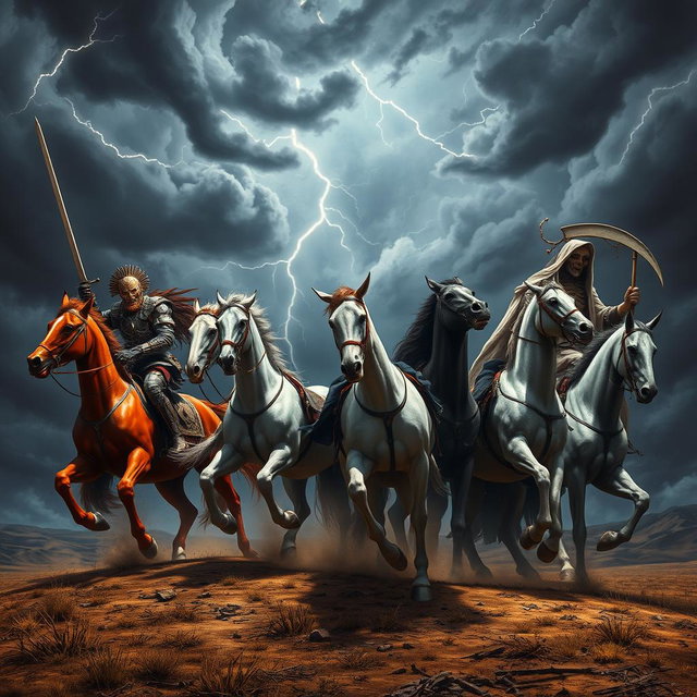The formidable arrival of the Four Horsemen of the Apocalypse, portrayed in a stunning and dramatic scene