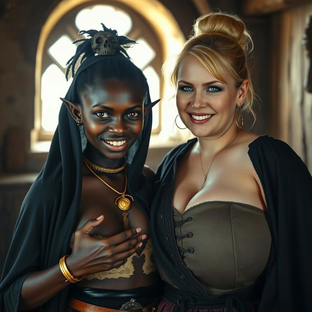 In a medieval brothel room illuminated by daylight, a compelling scene features a young African woman, petite and undernourished at 19 years old