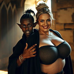 In a medieval brothel room illuminated by daylight, a compelling scene features a young African woman, petite and undernourished at 19 years old