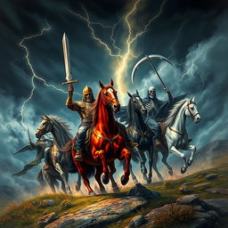 The awe-inspiring and foreboding arrival of the Four Horsemen of the Apocalypse, depicted in a captivating scene with a dark, turbulent sky filled with ominous clouds and streaks of lightning illuminating the landscape