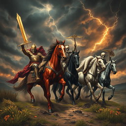 The awe-inspiring and foreboding arrival of the Four Horsemen of the Apocalypse, depicted in a captivating scene with a dark, turbulent sky filled with ominous clouds and streaks of lightning illuminating the landscape