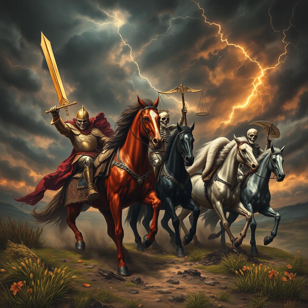 The awe-inspiring and foreboding arrival of the Four Horsemen of the Apocalypse, depicted in a captivating scene with a dark, turbulent sky filled with ominous clouds and streaks of lightning illuminating the landscape