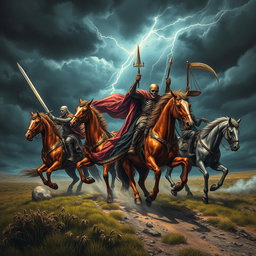 The awe-inspiring and foreboding arrival of the Four Horsemen of the Apocalypse, depicted in a captivating scene with a dark, turbulent sky filled with ominous clouds and streaks of lightning illuminating the landscape