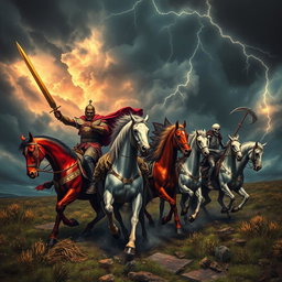 The awe-inspiring and foreboding arrival of the Four Horsemen of the Apocalypse, depicted in a captivating scene with a dark, turbulent sky filled with ominous clouds and streaks of lightning illuminating the landscape