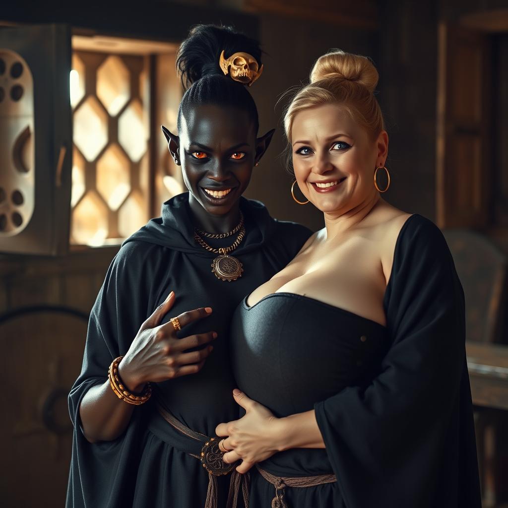 In a medieval brothel room illuminated by daylight, a striking scene features a young African woman, petite, undernourished, and 19 years old