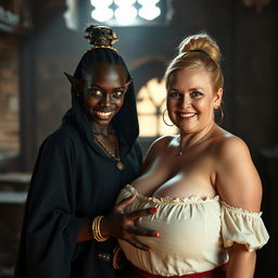 In a medieval brothel room illuminated by daylight, a striking scene features a young African woman, petite, undernourished, and 19 years old