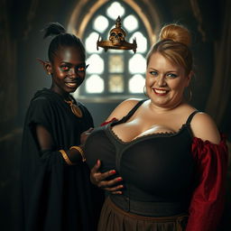 In a medieval brothel room illuminated by daylight, a striking scene features a young African woman, petite, undernourished, and 19 years old