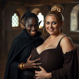 In a medieval brothel room illuminated by daylight, a striking scene features a young African woman, petite, undernourished, and 19 years old