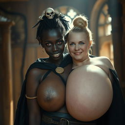 In a medieval brothel room flooded with daylight, a captivating scene features a young African woman, petite and undernourished at 19 years old