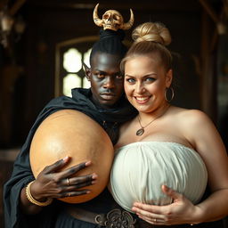 In a medieval brothel room flooded with daylight, a captivating scene features a young African woman, petite and undernourished at 19 years old