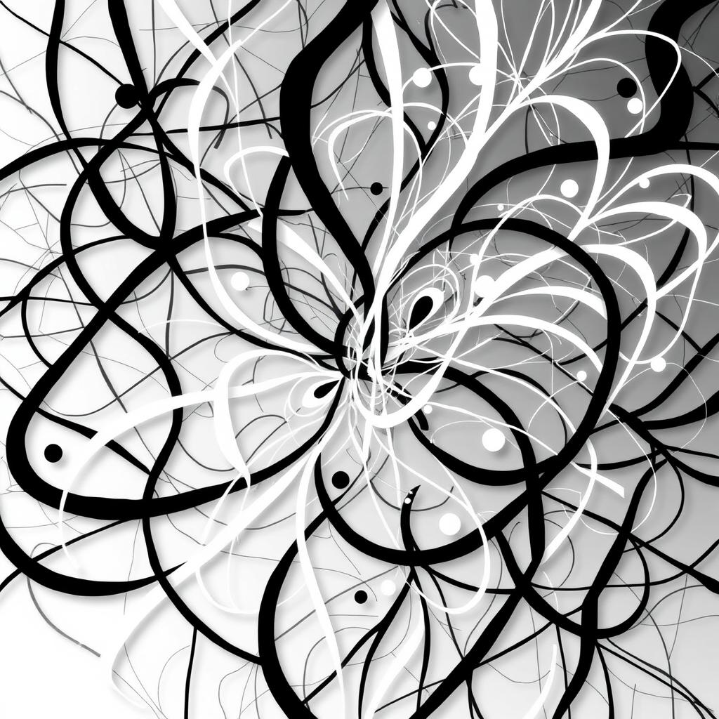 A captivating abstract art piece that features an intricate network of interweaving patterns and shapes, originally designed in black, now transformed with white elements replacing black and vice versa