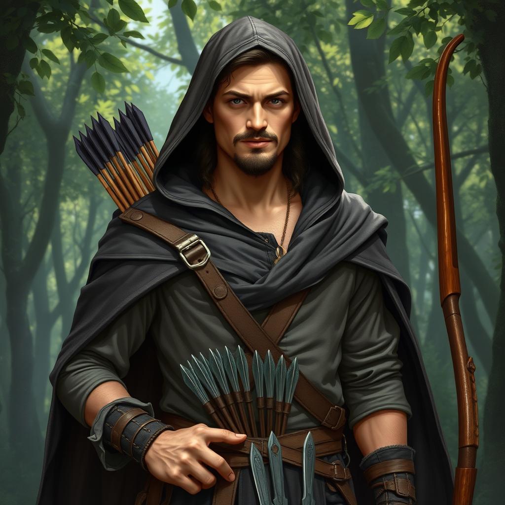 A thin-set man with a goatee and a dark brown Comorian mustache, wearing a long, flowing hooded cloak that adds an air of mystery