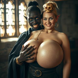 In a medieval brothel room illuminated by daylight, a striking scene features a young African woman, petite, undernourished, and 19 years old, embodying a monstrous yet captivating presence