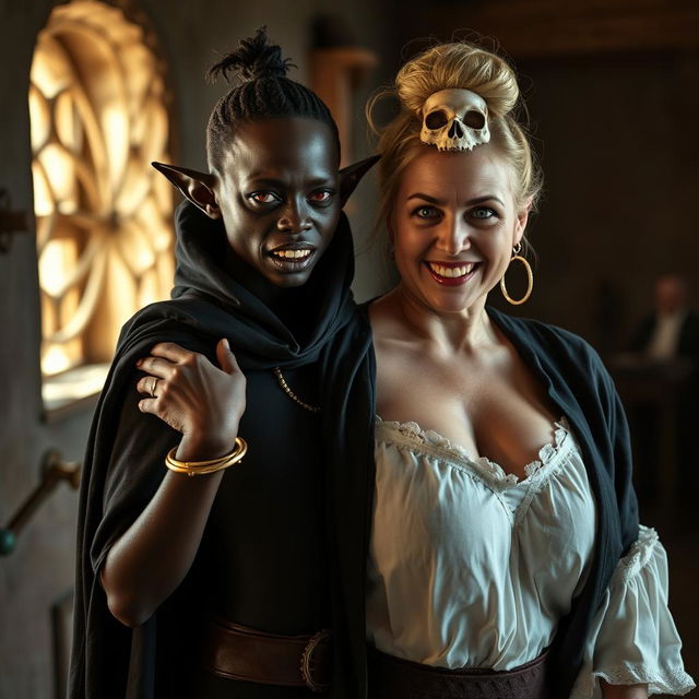 In a medieval brothel room illuminated by daylight, a striking scene features a young African woman, petite, undernourished, and 19 years old, embodying a monstrous yet captivating presence