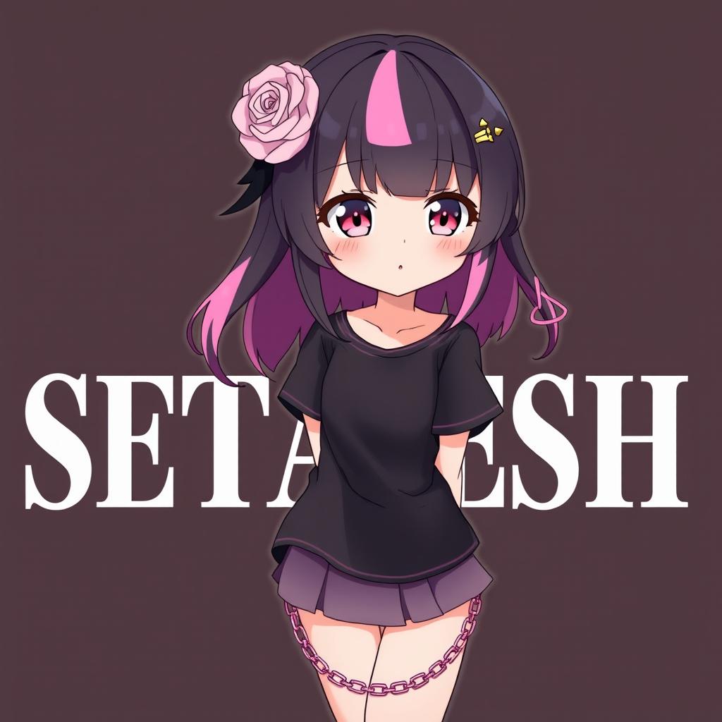 A beautiful and cute anime girl with black and pink hair, wearing a short-sleeve black top and a short pink chain skirt