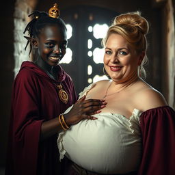 In a medieval brothel room illuminated by daylight, a captivating scene unfolds featuring a young African woman, petite, undernourished, and 19 years old