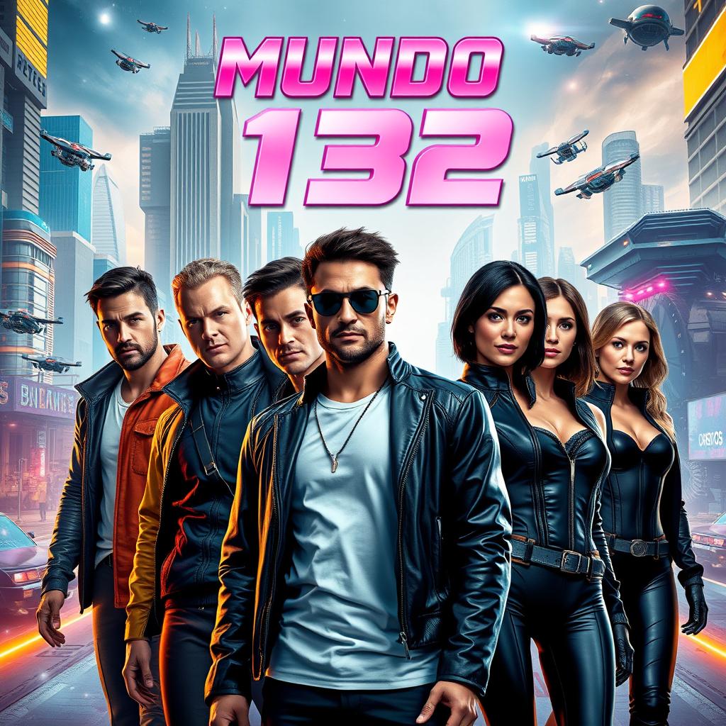 A movie poster featuring five men aged between 20 and 33 and two women aged between 20 and 25, set in a futuristic world