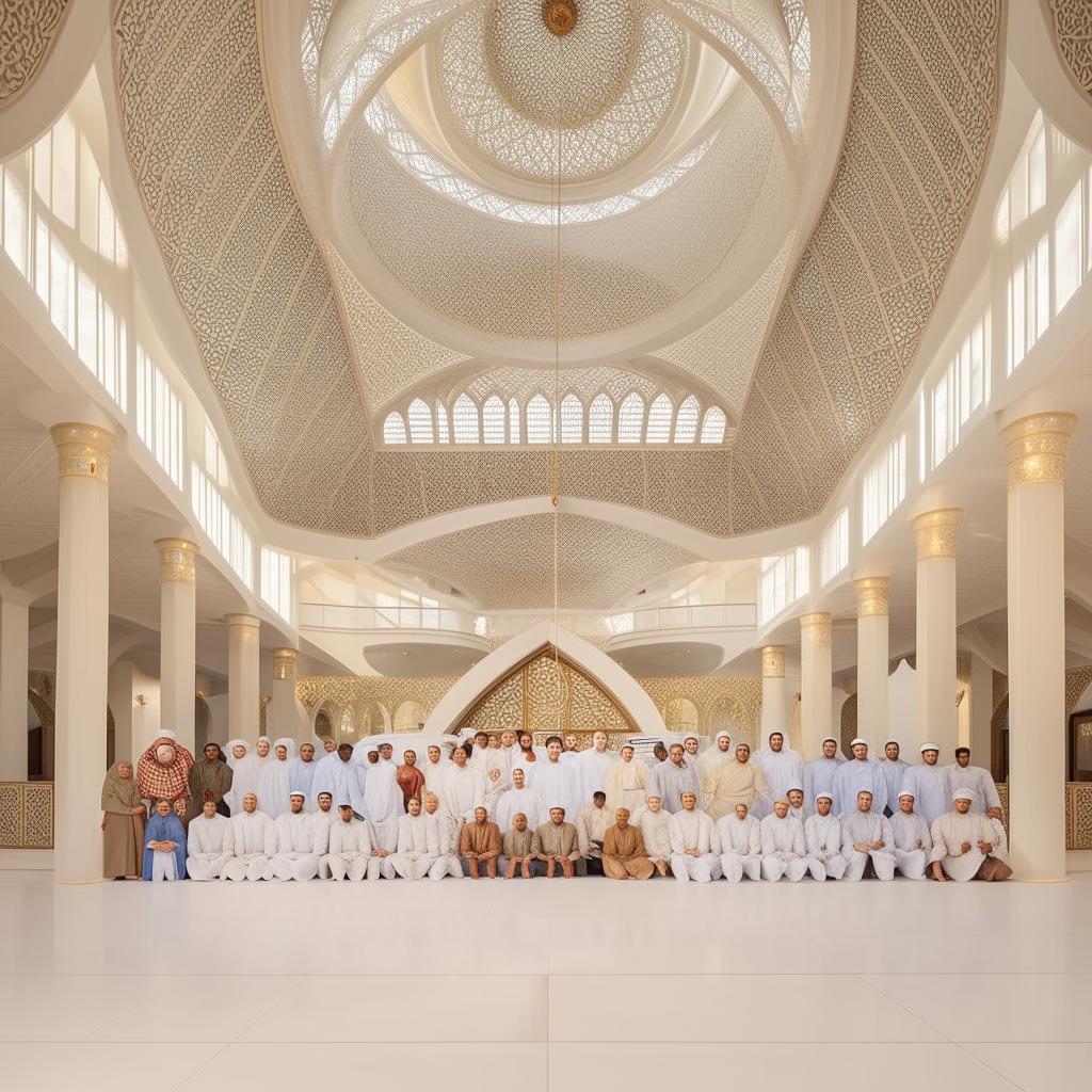 96 brothers standing together in a beautiful Islamic architectural compound. All are dressed in traditional Islamic attire, portraying unity and brotherhood.