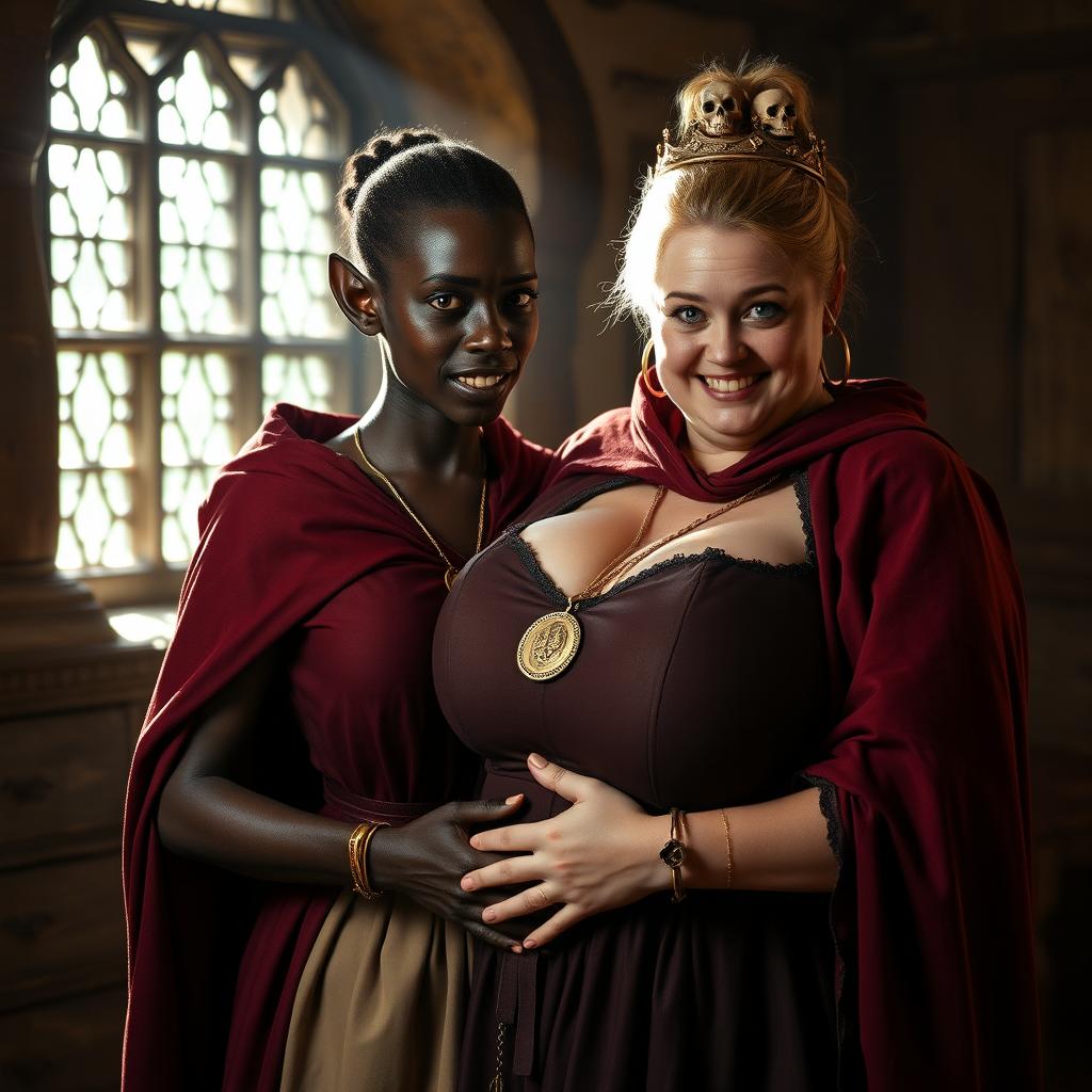In a medieval brothel room bathed in daylight, a striking scene unfolds featuring a young African woman, petite and undernourished at 19 years old