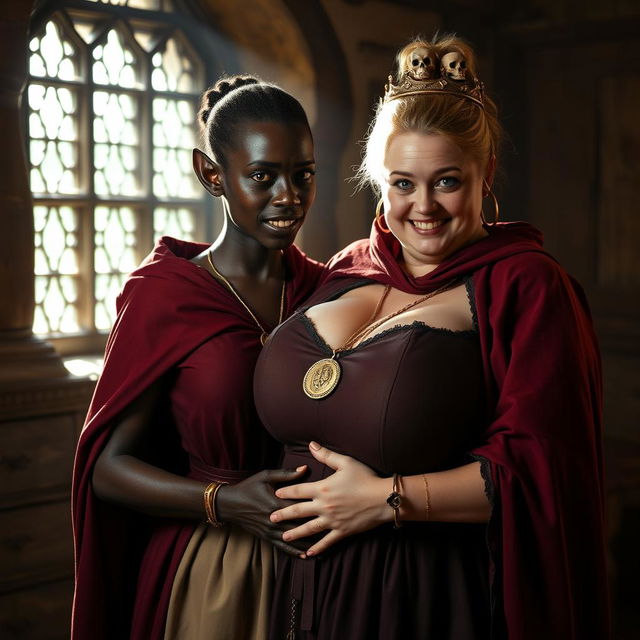 In a medieval brothel room bathed in daylight, a striking scene unfolds featuring a young African woman, petite and undernourished at 19 years old