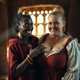 In a medieval brothel room bathed in daylight, a striking scene unfolds featuring a young African woman, petite and undernourished at 19 years old