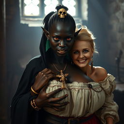 In a medieval brothel room illuminated by daylight, a striking scene captures a young African woman, petite, undernourished, and 19 years old, presenting a monstrous appearance
