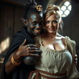 In a medieval brothel room illuminated by daylight, a striking scene captures a young African woman, petite, undernourished, and 19 years old, presenting a monstrous appearance