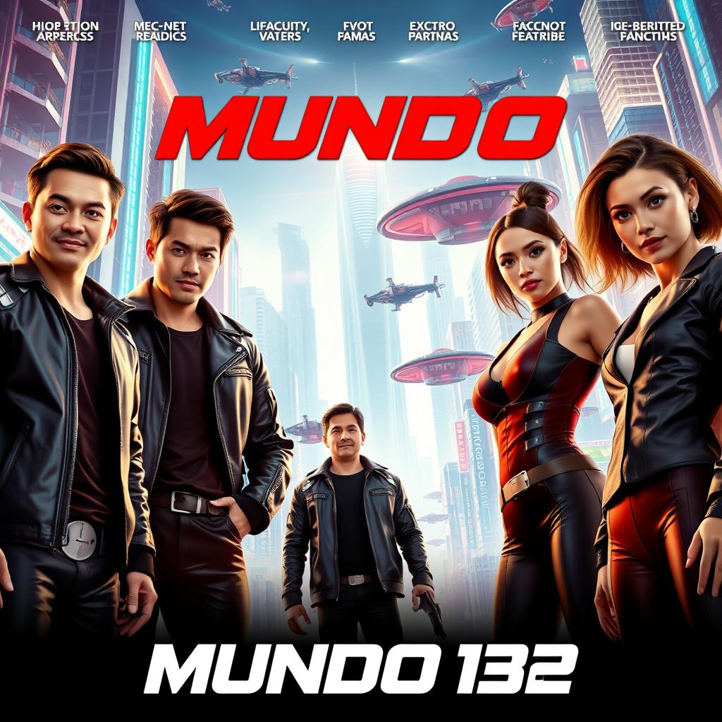 A futuristic movie poster titled 'Mundo 132', featuring five men aged between 20 and 33 years and two women aged between 20 and 25 years