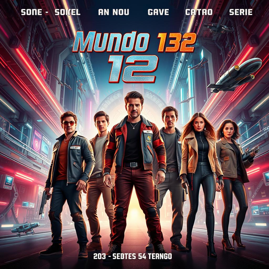A movie poster featuring five men aged between 20 and 33 years and two women aged between 20 and 25 years, set in a futuristic world
