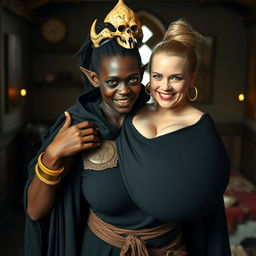 In a medieval brothel room filled with daylight, a striking scene features a young African woman, petite and undernourished, at 19 years old