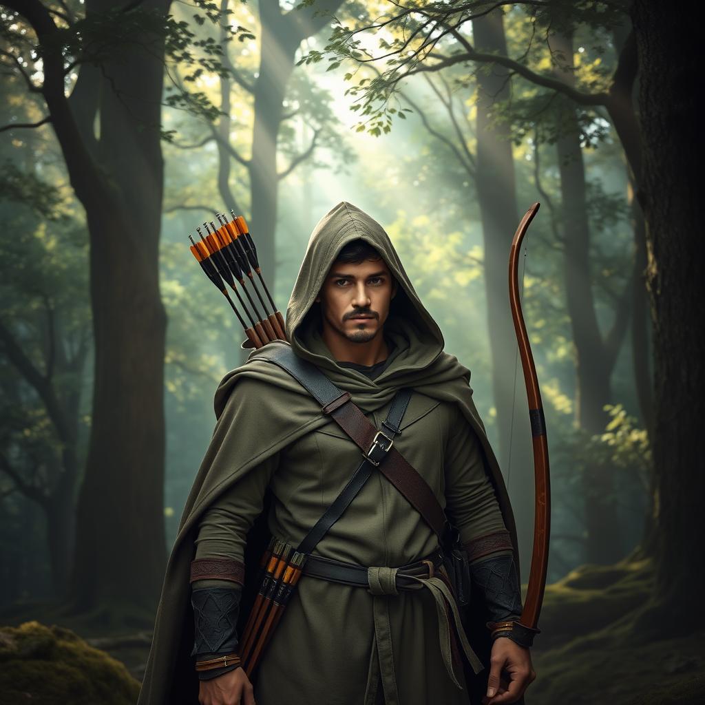 A thin-set 24-year-old man with a goatee and a dark brown Comorian mustache, dressed in a flowing hooded cloak, standing alert in a mystical forest landscape