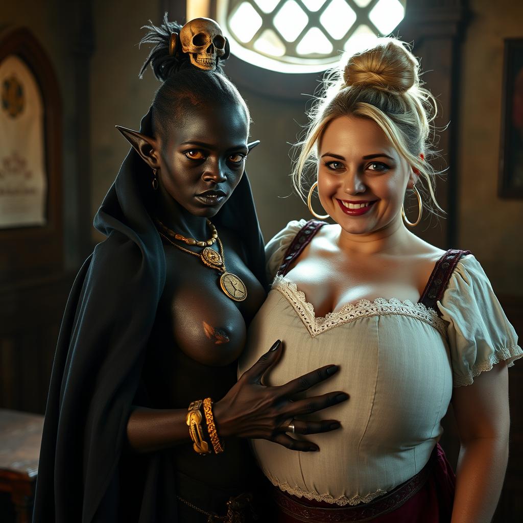In a medieval brothel room illuminated by daylight, a vivid scene features a young African woman, petite, undernourished, and 19 years old, with deep black skin and striking reddish eyes
