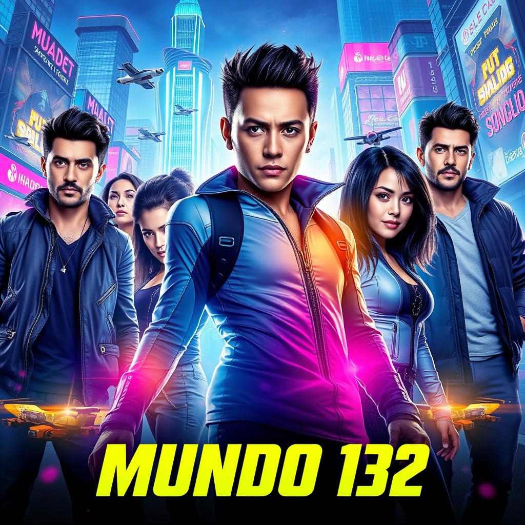 A cinematic movie poster titled 'Mundo 132', depicting five males aged between 20 and 33 years and two females aged between 20 and 25 years