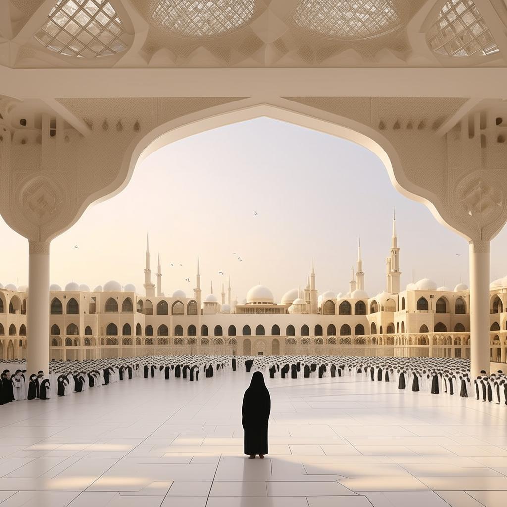 96 brothers standing together in a beautiful Islamic architectural compound. All are dressed in traditional Islamic attire, portraying unity and brotherhood.