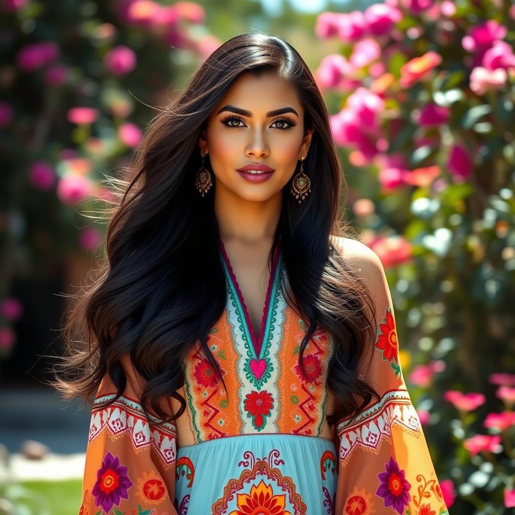 A stunning portrait of a Latina woman with long, flowing dark hair and striking features