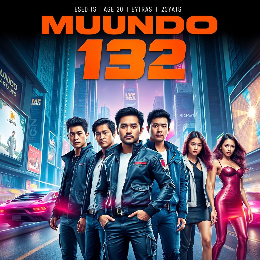 A cinematic movie poster titled 'Mundo 132', showcasing five men aged between 20 and 33 years and two women aged between 20 and 25 years
