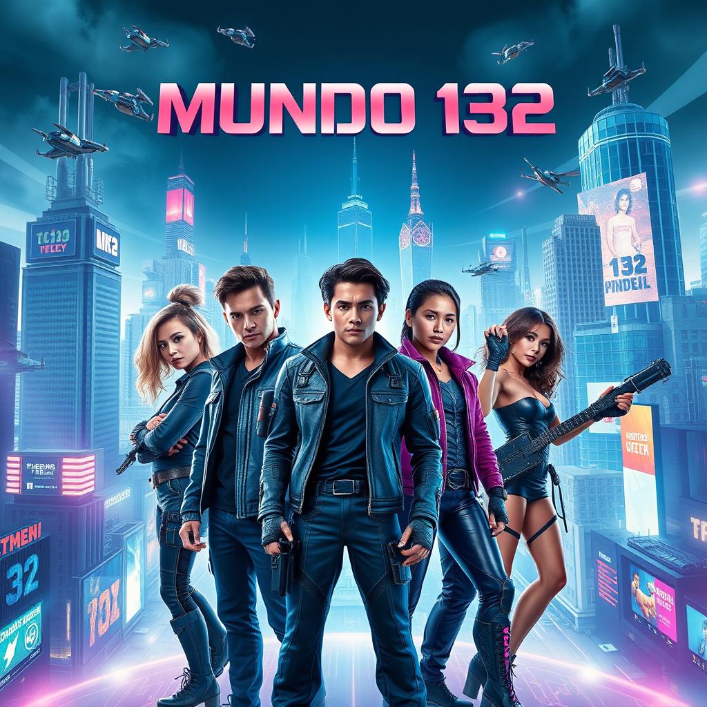 A cinematic movie poster titled 'Mundo 132', featuring five Caucasian males aged between 20 and 33 years and two females aged between 20 and 25 years