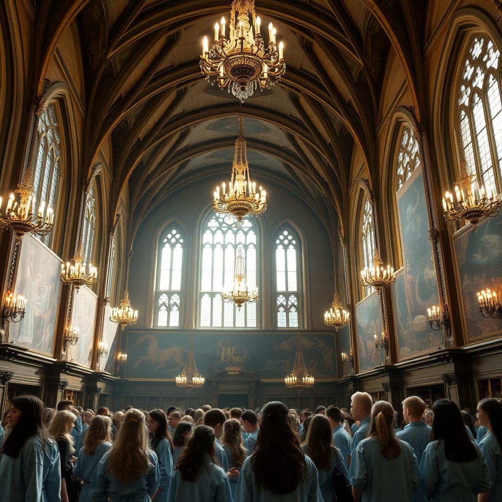 The grand hall of Beauxbatons Academy, an opulent and elegant setting filled with tall ceilings adorned with sparkling chandeliers