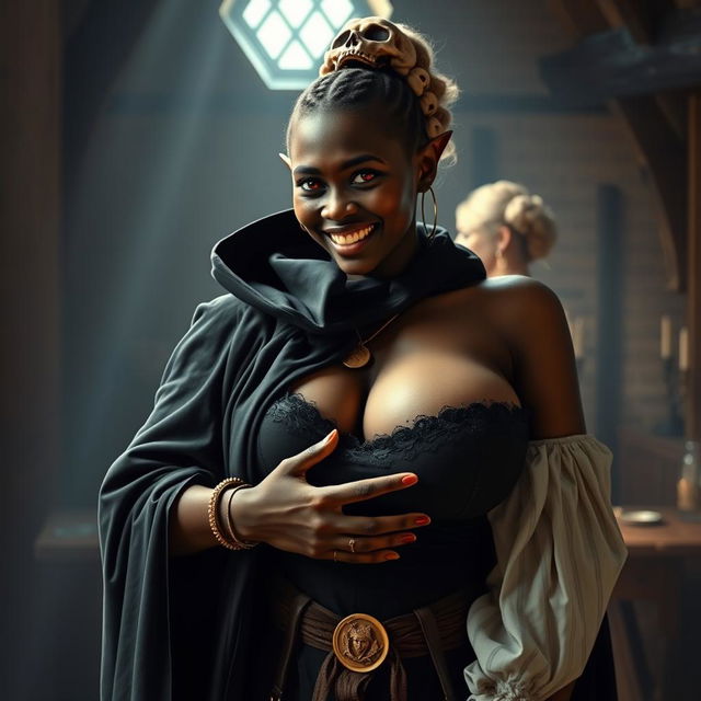 In a vividly depicted medieval brothel room bathed in daylight, a captivating scene unfolds featuring a young African woman, petite, undernourished, and 19 years old