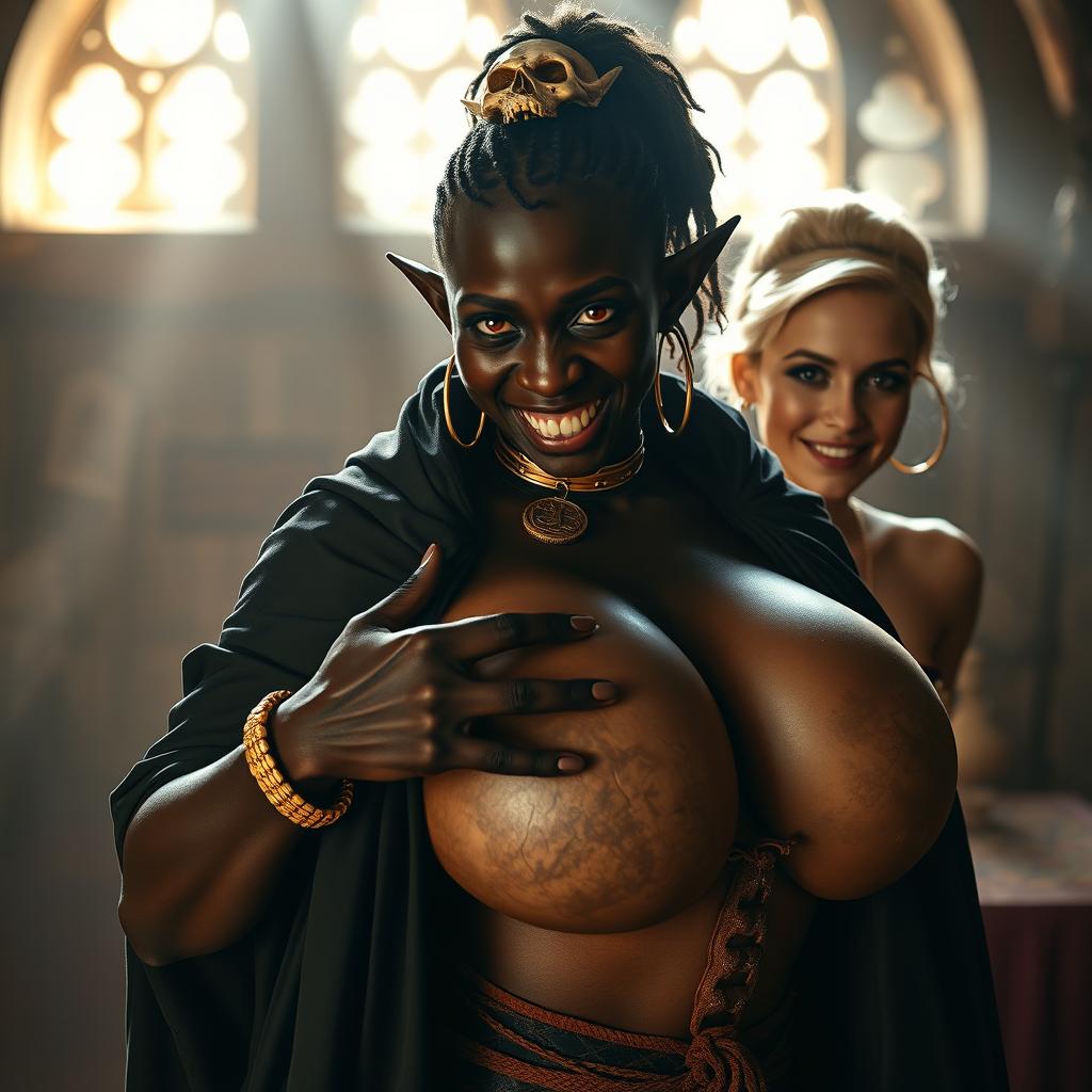 In a vividly depicted medieval brothel room bathed in daylight, a captivating scene unfolds featuring a young African woman, petite, undernourished, and 19 years old