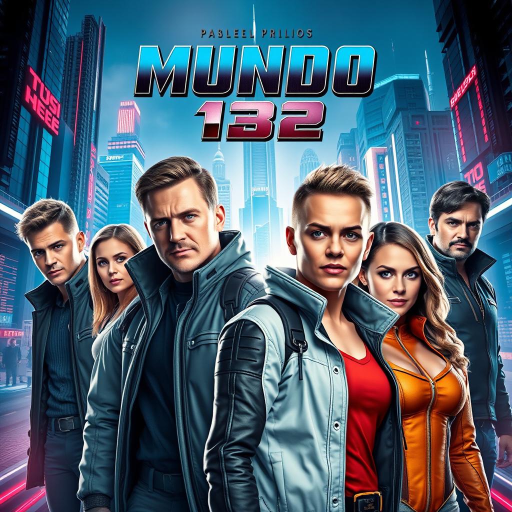 A movie poster featuring five Caucasian men aged between 20 and 33 years and two women aged between 20 and 25 years, set in a futuristic world
