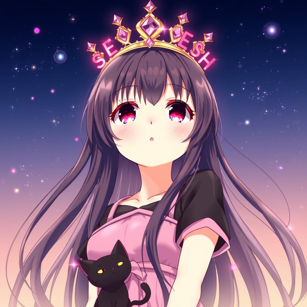 A beautiful anime girl with long black hair and striking pink eyes, gazing up at the sky