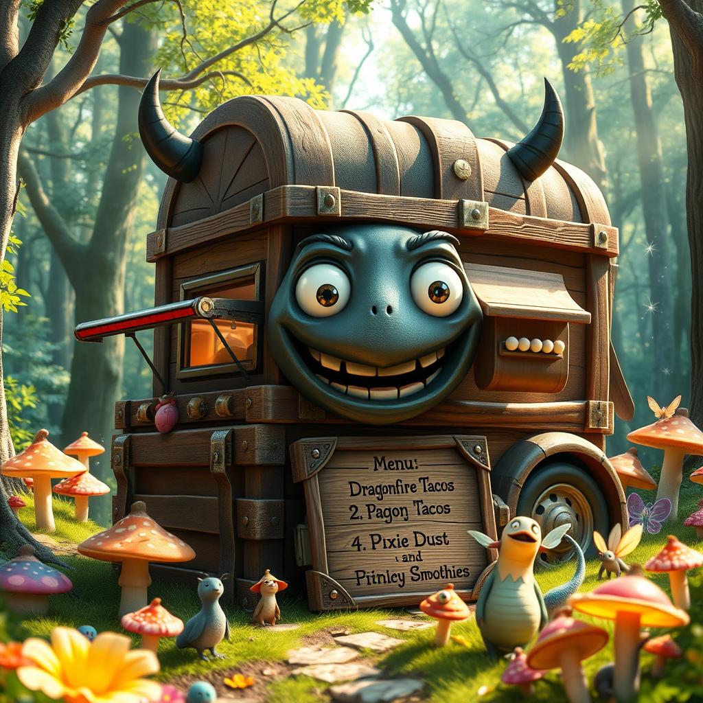 A whimsical fantasy-style food truck, designed to resemble a powerful and imposing mimic monster from role-playing games