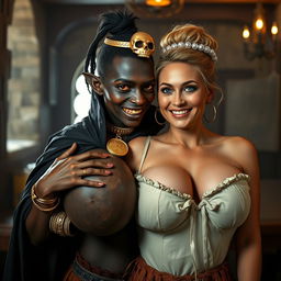 In a well-lit medieval brothel, the scene depicts a young African woman, petite, undernourished, and 19 years old, with deep black skin and striking reddish eyes