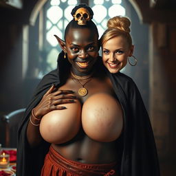 In a well-lit medieval brothel, the scene depicts a young African woman, petite, undernourished, and 19 years old, with deep black skin and striking reddish eyes