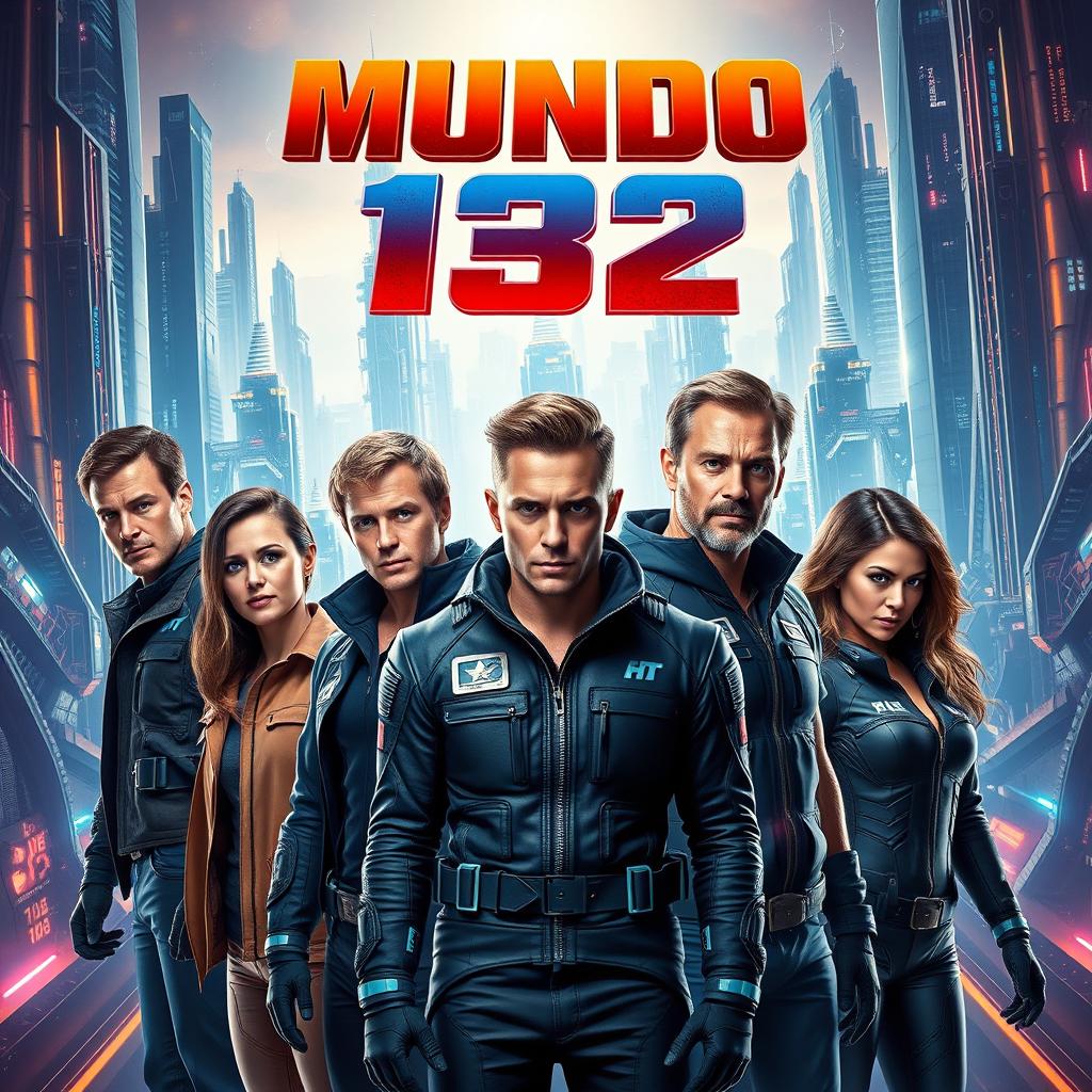A movie poster showcasing five Caucasian men aged between 20 and 33 years and two women aged between 20 and 25 years, all set in a stunning futuristic world
