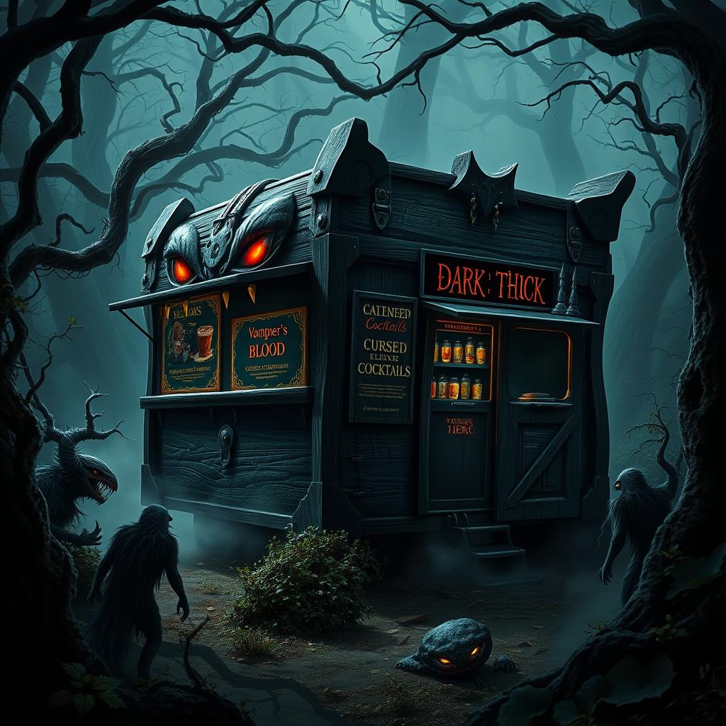 A dark fantasy style food truck designed as a menacing mimic monster, resembling a sinister treasure chest