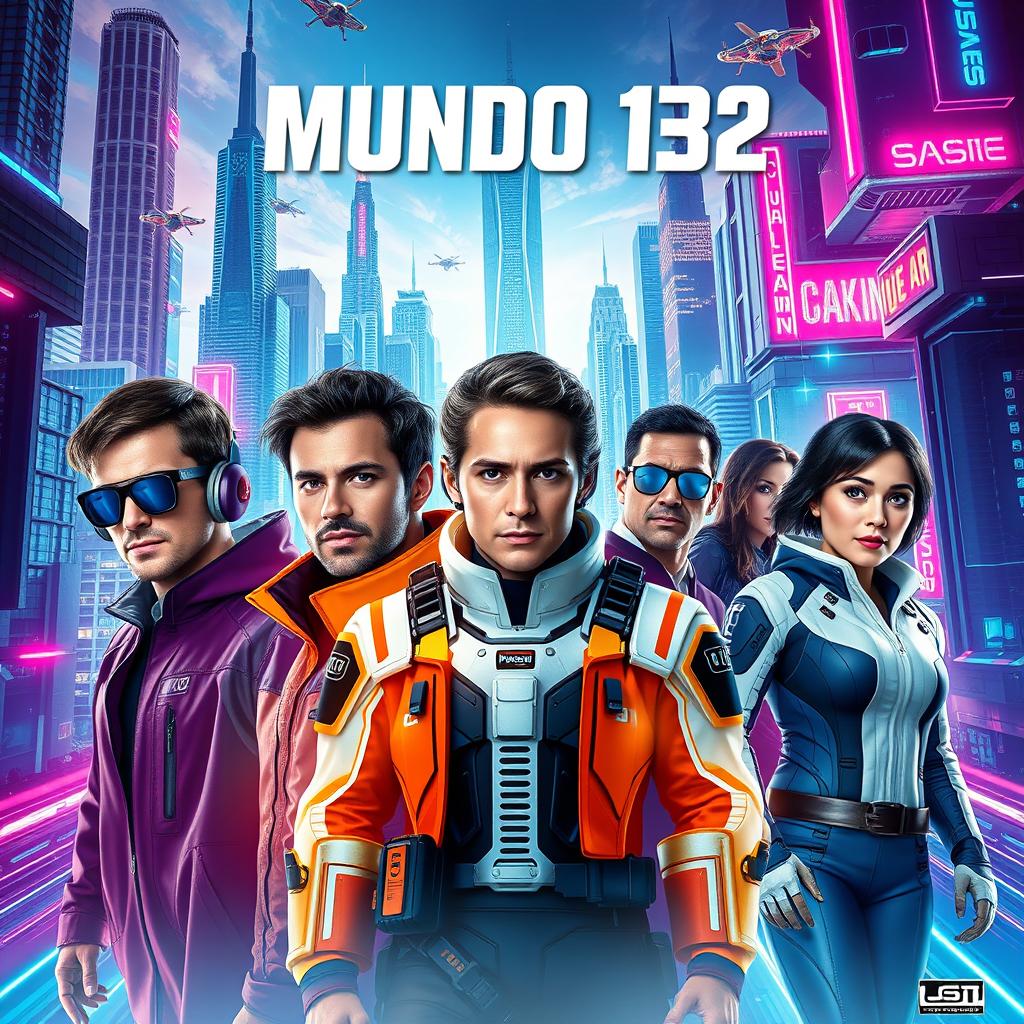 A futuristic movie poster featuring five Caucasian men aged between 20 and 33 years and two women aged between 20 and 25 years