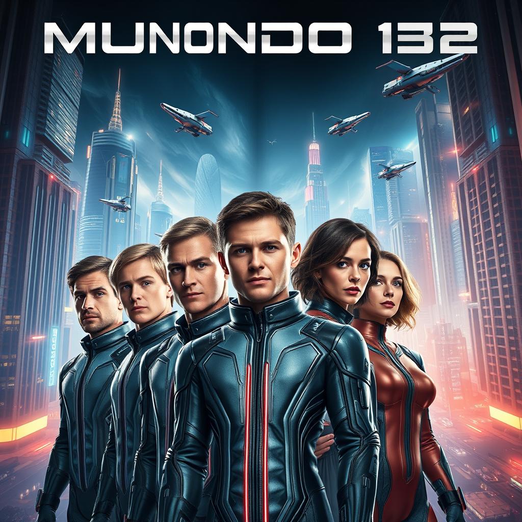 A futuristic movie poster featuring five Caucasian men aged between 20 and 33 years and two women aged between 20 and 25 years