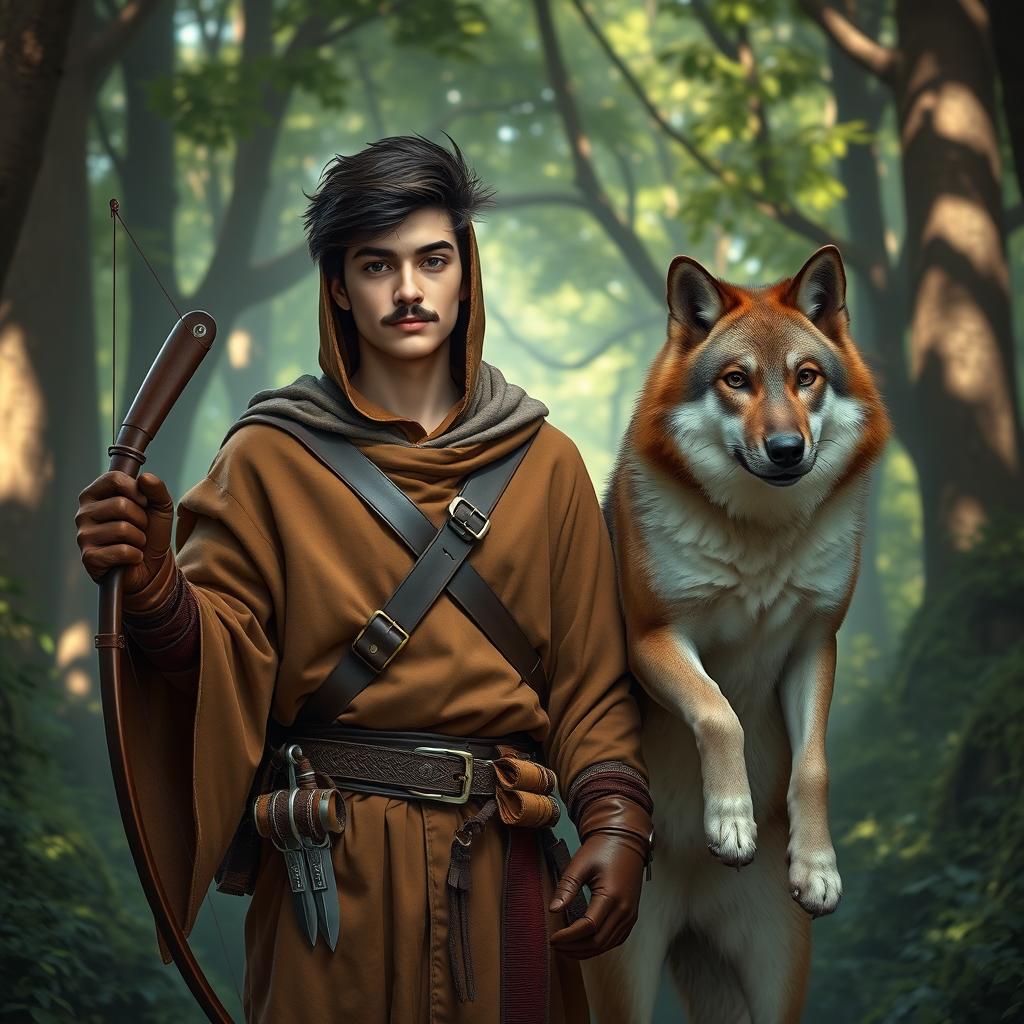 A 24-year-old young man with a thin build, dark brown mustache and trimmed beard, dressed in a flowing brown hooded robe and brown leather gloves